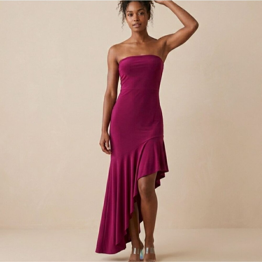 Express Strapless High Low Ruffle Maxi Dress Medium Wedding Guest Vampy Bordeaux